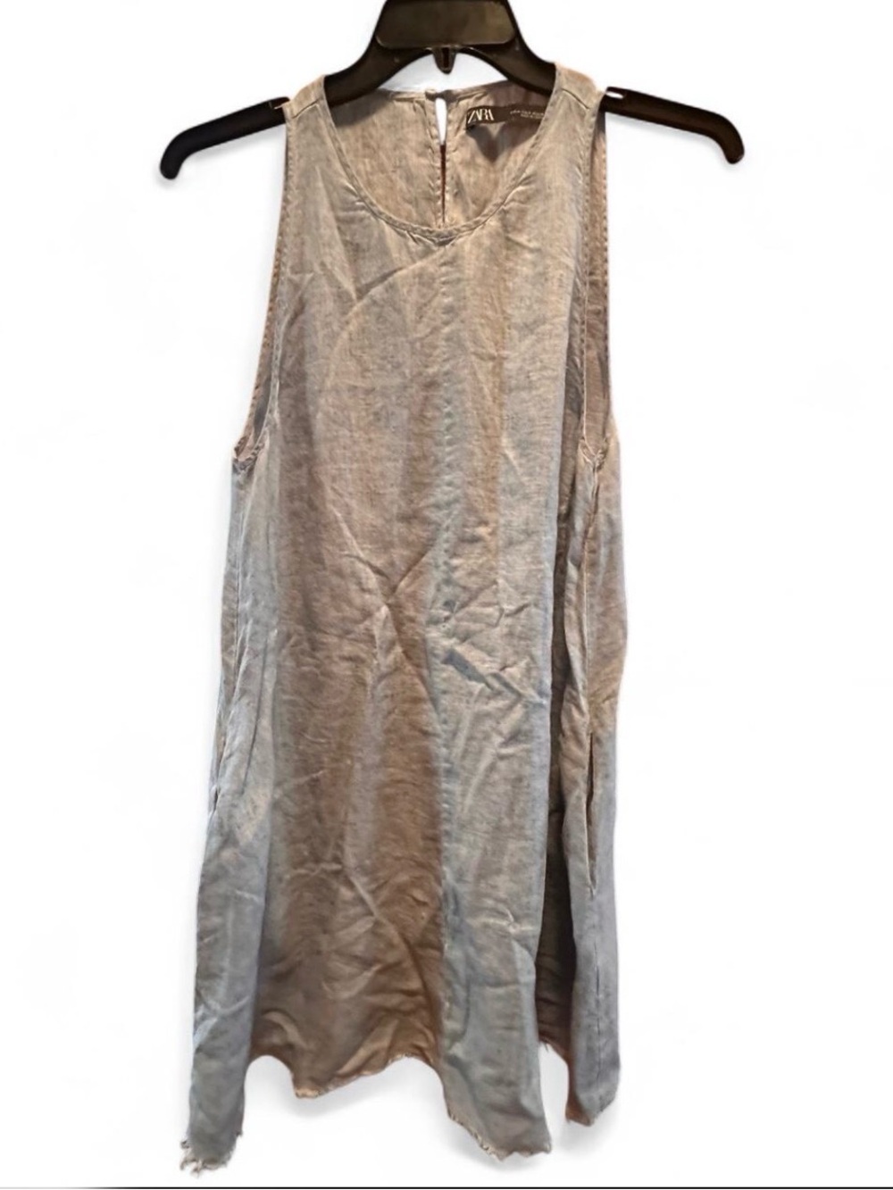 ZARA Sleeveless Tunic Dress Linen Womens Medium Pockets Raw Hem